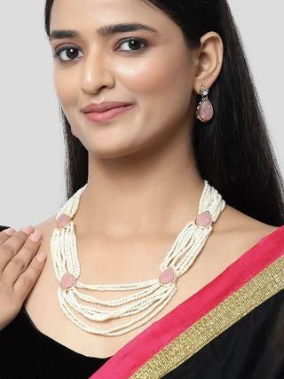 Karatcart Pink Carved Stone Studded Pearl Beaded Rani Haar Necklace Set for Women