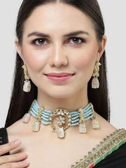 Karatcart White Designer Tumble Light Blue Crystal Beaded Kundan Choker Necklace Set