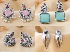 This collection features four stylish oxidized silver earrings: two pairs of elegant studs and vibrant pink and turquoise studs. Perfect for the office, kitty parties, and small occasions, these earrings add a chic touch to any outfit!