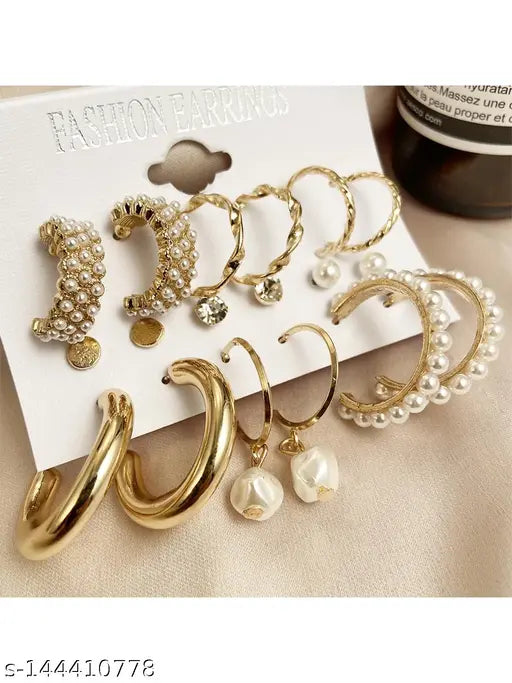 Vembley Combo of 9 Pair Stylish Gold Plated Pearl Hoop Earrings