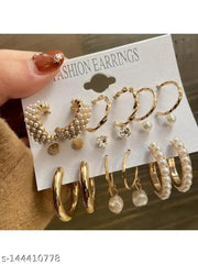 Vembley Combo of 9 Pair Stylish Gold Plated Pearl Hoop Earrings