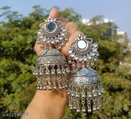 Samridhi DC Stylish Mirror Work Jhumka Earrings, Beautiful Silver Oxidised Jhumka Earrings For Women & Girls