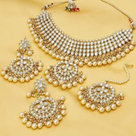 Trendy Kundan Gold Plated Wedding Jewellery Pearl Choker Necklace Set for Women